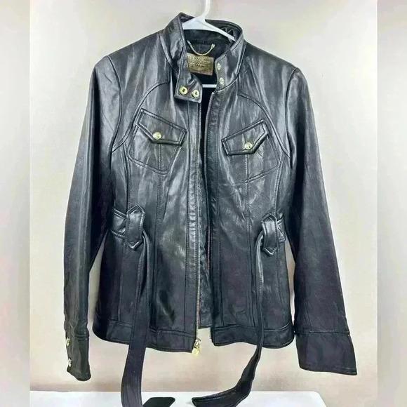 Guess Genuine Leather Jacket, size S, pockets and with belt. - Picture 1 of 7